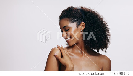 Black woman, natural beauty and skin glow from body care, dermatology and wellness in studio. Cosmetics, facial and smile from skincare and collagen treatment results with white background and mockup 116298962