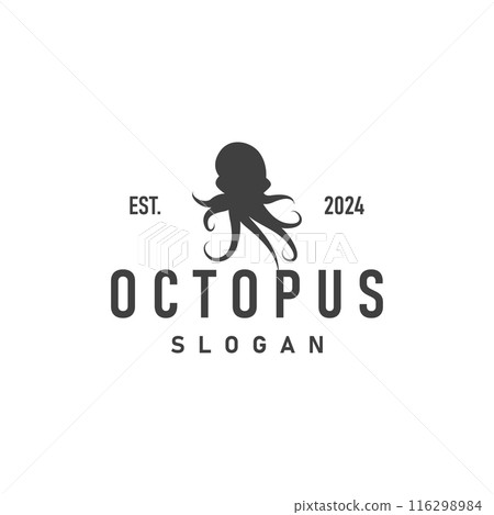 Octopus Logo, Old Retro Vintage Design Ocean Animal Vector Tentacle Illustration Template 116298984