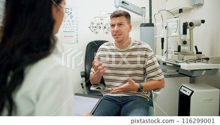 Doctor, ophthalmologist and consultation with man in clinic or angry patient confused at eye health diagnosis. Optometry, test and professional on tablet technology for wellness, vision and talking 116299001