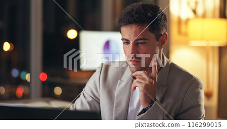 Man, thinking and night office with laptop, statistical analyst and analysing project statistics for deadline report. Online, problem solving and idea for business, research and overtime in workplace Man, thinking and night office with laptop, statistical analyst and analysing project statistics for deadline report. Online, problem solving and idea for business, research and overtime in workplace 116299015