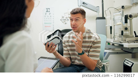 Patient, optometry and talking for eye care, advice and consultation with question for optometrist. Man, discussion and vr goggles for healthcare innovation or assessment with confused, wow and wtf 116299017