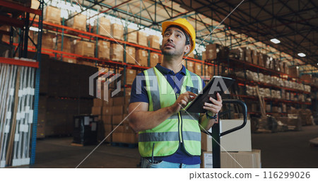 Warehouse, man and tablet in factory for logistics, orders and check inventory or stock. Male worker, digital technology and storage in shipping company for export, distribution and supply chain Warehouse, man and tablet in factory for logistics, orders and check inventory or stock. Male worker, digital technology and storage in shipping company for export, distribution and supply chain 116299026