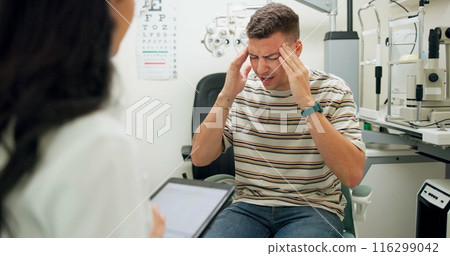 Optometrist, eye strain and consultation for health and wellness assessment for optical support. Tablet, doctor and conversation with headache of patient ready for sight checking on medical machine Optometrist, eye strain and consultation for health and wellness assessment for optical support. Tablet, doctor and conversation with headache of patient ready for sight checking on medical machine 116299042