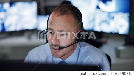 Man, safety and headset in control room for communication, surveillance and supervision or building security. Male guard, contact or cctv monitors with telecom advice for check, support or protection Man, safety and headset in control room for communication, surveillance and supervision or building security. Male guard, contact or cctv monitors with telecom advice for check, support or protection 116299076