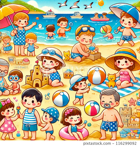 Family fun on the summer beach: illustrations of fun sea activities 116299092