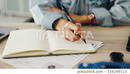 Writing, notebook and woman hands planning schedule at work with calender, agenda and checklist. Professional, pen and reminder in journal with notes for creative writer job of employee at desk Writing, notebook and woman hands planning schedule at work with calender, agenda and checklist. Professional, pen and reminder in journal with notes for creative writer job of employee at desk 116299113