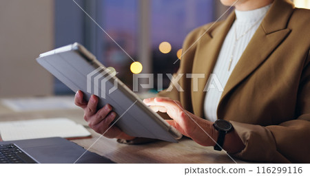 Night, business and woman with tablet, hands and internet with research for project, app and stock market. Person, closeup or employee with tech, professional and website for trading or connection 116299116