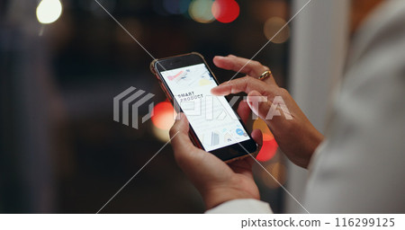 Night, screen and hands with woman, cellphone and connection with website information. Closeup, employee and evening with human, smartphone and internet with digital app, texting and communication Night, screen and hands with woman, cellphone and connection with website information. Closeup, employee and evening with human, smartphone and internet with digital app, texting and communication 116299125