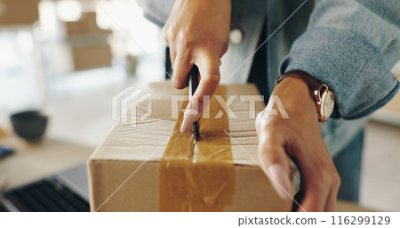 Business courier, open and hands with package in logistics stock, products and delivery for supply chain. Office, person and box with scissor to cut, service items or production employee in workplace Business courier, open and hands with package in logistics stock, products and delivery for supply chain. Office, person and box with scissor to cut, service items or production employee in workplace 116299129