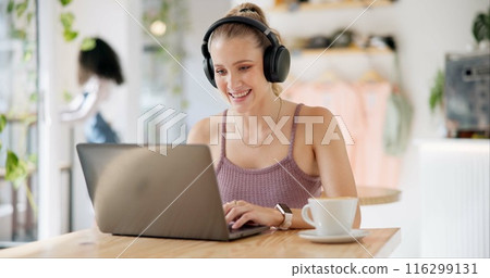 Video call, cafe and woman freelancer with remote work on laptop and headphones with writer at a coffee shop. Website, blog and seminar for social media with technology and webinar for web update 116299131