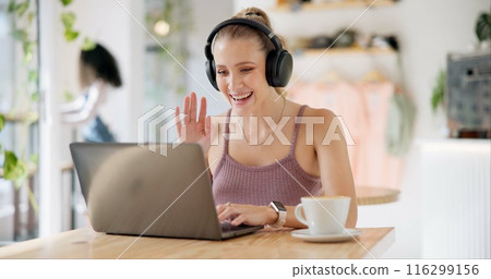 Video call, laptop and woman in cafe for remote work interview, opportunity or virtual meeting. Happy entrepreneur or freelancer waves hello on computer and headphones for b2b planning in coffee shop 116299156