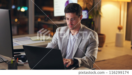 Businessman, working and night workplace with laptop, statistical analyst and analyzing project statistics for deadline. Online, report and typing for research, overtime and email stats in office 116299174