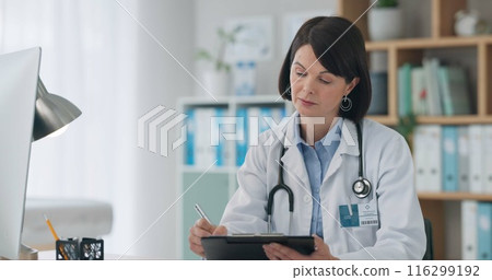 Report, woman and writing in office, doctor and medical diagnosis in clipboard, healthcare and hospital. Clinic, stethoscope and employee with uniform, medicine and desk for notes, form and schedule 116299192