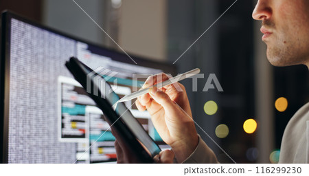 Hands, working and tablet in office at night for programming, problem solving or process with bokeh. Male person, ebook and stylus for plan with digital code at company, dark or analytics research Hands, working and tablet in office at night for programming, problem solving or process with bokeh. Male person, ebook and stylus for plan with digital code at company, dark or analytics research 116299230