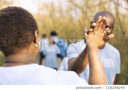 Team of environmentalists doing high five after a job well done, congratulating and giving praise to their colleagues. Pleased happy volunteers enjoying their successful mission. 116299245