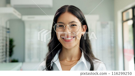 Vision, glasses and portrait of woman, store and smile for eyecare, wellness and results of eye test. Customer, happy and healthy in retail, lenses and shopping for eyewear, optometry and face 116299250