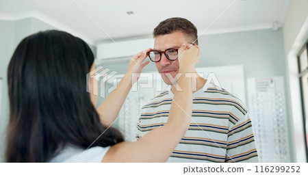 Store, help and vision for man with glasses, smile and client for eyecare, healthcare and optometry. Clinic, test and exam for eyewear of person, eyesight and consultation for lenses, eyes and happy Store, help and vision for man with glasses, smile and client for eyecare, healthcare and optometry. Clinic, test and exam for eyewear of person, eyesight and consultation for lenses, eyes and happy 116299252