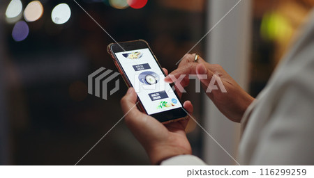 Person, hands and phone with menu at night for browsing food, choice or selection at office. Closeup of employee scrolling on mobile smartphone for online shopping, ecommerce or order at workplace Person, hands and phone with menu at night for browsing food, choice or selection at office. Closeup of employee scrolling on mobile smartphone for online shopping, ecommerce or order at workplace 116299259