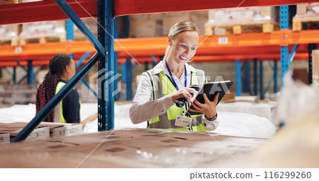 Woman, tablet and scanner for boxes in warehouse for e commerce, logistics or inventory of online order. Industrial worker on digital software for dropshipping service or schedule of package on shelf Woman, tablet and scanner for boxes in warehouse for e commerce, logistics or inventory of online order. Industrial worker on digital software for dropshipping service or schedule of package on shelf 116299260