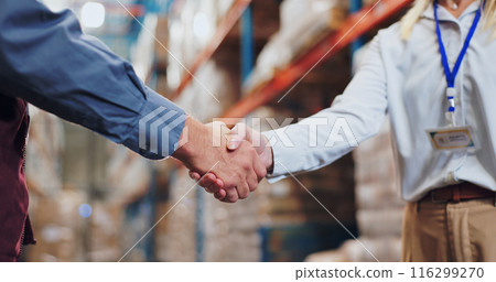 Handshake, agreement and teamwork for people in warehouse, meeting and deal for supply chain. Partnership, logistics and management shaking hands, distribution collaboration and courier company 116299270