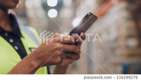 Logistics, person and phone in warehouse in communication, stock and safety in supply chain or freight. Factory, officer and industry for quality control in manufacturing, shipping in trade or export 116299279