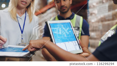 People, architect and tablet for blueprint in logistics warehouse for building, design or expansion. Contractor, point and scrum on app for floor plan, review or clipboard in factory for supply chain People, architect and tablet for blueprint in logistics warehouse for building, design or expansion. Contractor, point and scrum on app for floor plan, review or clipboard in factory for supply chain 116299294