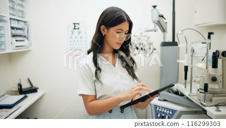 Woman, tablet and clinic for optometry, eye care or contact for test, telehealth or stock check on app. Person, optician and digital touchscreen for report, review or online order for vision in store 116299303