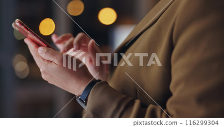 Hands, business and office with check for phone, online message or email notification at night. Male programmer, mobile tech and digital conversation on social media, smile for like with code story 116299304