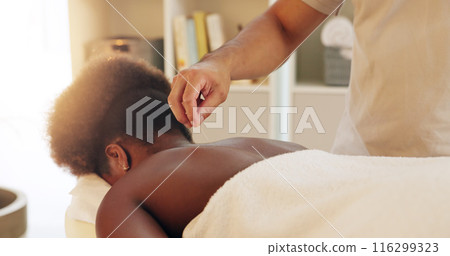 Acupuncture, back and skincare in spa with customer treatment for healing, stress relief or therapy. Body, dry needling and hand of masseuse with client in resort for cosmetics or holistic massage Acupuncture, back and skincare in spa with customer treatment for healing, stress relief or therapy. Body, dry needling and hand of masseuse with client in resort for cosmetics or holistic massage 116299323