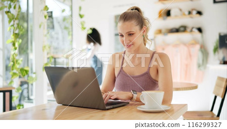Working, cafe and woman with laptop and remote work with smile of writer at coffee shop. Website, blog and writing article for social media with technology and email with digital job of entrepreneur 116299327