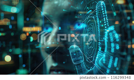 Face, hand and data of biometric identification, person during work of facial recognition system with 3d scan. Theme of digital verification, id, security, AI technology 116299348