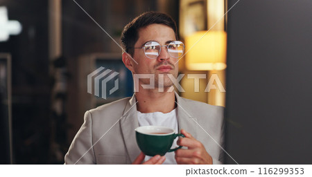 Man, night and computer for business and drinking coffee, reading report and working overtime on startup. Programmer, plan and research on internet for proposal, website and cappuccino for deadline 116299353