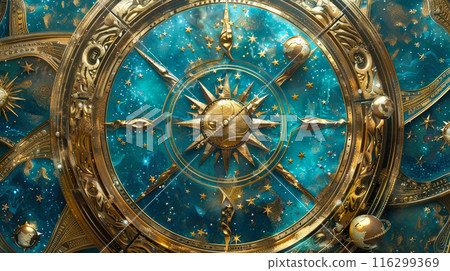 Pattern with golden Zodiac signs and astrological wheel, abstract stars and planet background. Theme of astrology, horoscope, space, fantasy, secret Pattern with golden Zodiac signs and astrological wheel, abstract stars and planet background. Theme of astrology, horoscope, space, fantasy, secret 116299369