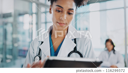 Woman, serious and doctor on tablet in office for Telehealth solution, online consultation and patient results from lab. Female scientist, digital research and review data by reading medical report 116299372