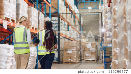Collaboration, logistics and stock with people in warehouse together for inspection or storage. Distribution, shipping and supply chain with team in plant for delivery, export or import from back 116299377