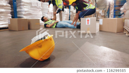 Accident, fall and helmet with man in warehouse for delivery, distribution or supply chain logistics. Fail, hardhat or injury and person on floor of plant with box for ecommerce, retail or safety Accident, fall and helmet with man in warehouse for delivery, distribution or supply chain logistics. Fail, hardhat or injury and person on floor of plant with box for ecommerce, retail or safety 116299385