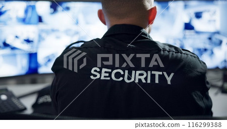 Security guard, computer screen and watch by cctv monitor for protection, data center or building safety. Inspection, video surveillance agency and control room with footage, technology and rear view Security guard, computer screen and watch by cctv monitor for protection, data center or building safety. Inspection, video surveillance agency and control room with footage, technology and rear view 116299388