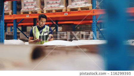Logistics, man and tablet in warehouse with scanning, stock and price for safety in supply chain or freight. Male person, industrial and quality control in manufacturing, shipping in trade for export 116299393