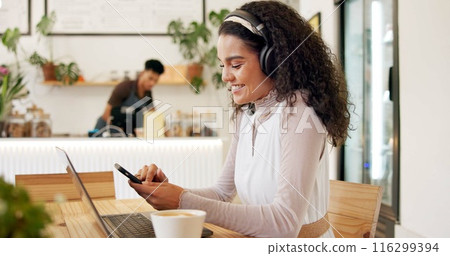 Laptop, cafe and woman with remote work, phone text and headphones for social media blog post. Typing, music and website update of a web designer working at a restaurant and coffee shop with drink 116299394