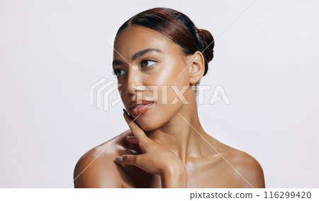 Studio, calm and glow of woman, makeup and results of treatment, soft and confidence for shine or beauty. White background, salon and proud of face, dermatology and cosmetics of person or skincare Studio, calm and glow of woman, makeup and results of treatment, soft and confidence for shine or beauty. White background, salon and proud of face, dermatology and cosmetics of person or skincare 116299420