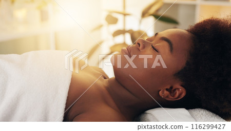 Vacation, peace and black woman with spa massage, salon beauty and healing with weekend break, physical therapy and holiday. African person, closeup and girl with getaway trip, stress relief and calm Vacation, peace and black woman with spa massage, salon beauty and healing with weekend break, physical therapy and holiday. African person, closeup and girl with getaway trip, stress relief and calm 116299427