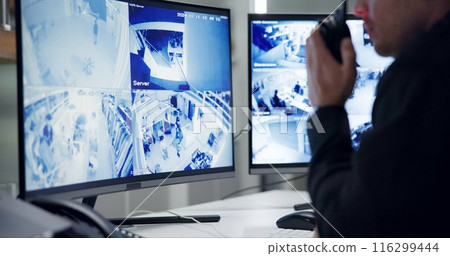 Male security guard, radio and speaking by cctv monitor for protection, data center or building safety. Inspection, control room with man and footage in video surveillance agency, computer and watch 116299444