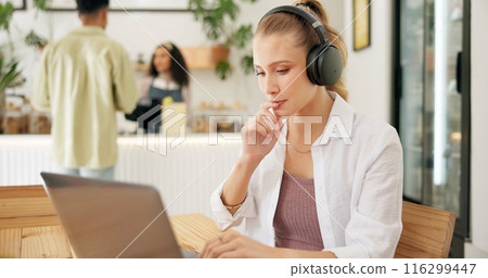 Laptop, cafe and woman with remote work, thinking and headphones for social media blog post. Idea, music and website update of a web designer working at a restaurant and coffee shop with tech Laptop, cafe and woman with remote work, thinking and headphones for social media blog post. Idea, music and website update of a web designer working at a restaurant and coffee shop with tech 116299447