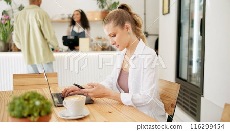 Woman, laptop and typing on smartphone in cafe, remote work and cappuccino in coffee shop for online research. Blog, communication and customer networking on internet, copy writer and relax browsing 116299454