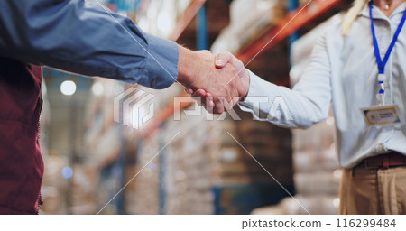 Handshake, agreement and teamwork for people in warehouse, meeting and deal for supply chain. Partnership, logistics and management shaking hands, distribution collaboration and courier company Handshake, agreement and teamwork for people in warehouse, meeting and deal for supply chain. Partnership, logistics and management shaking hands, distribution collaboration and courier company 116299484