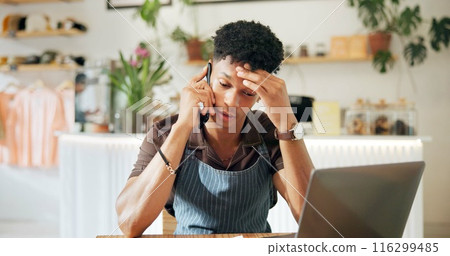 Cafe, phone call and man with laptop, frustrated and stress for application of loan and small business. Sad, entrepreneur and person with apron, mobile and communication for restaurant and startup Cafe, phone call and man with laptop, frustrated and stress for application of loan and small business. Sad, entrepreneur and person with apron, mobile and communication for restaurant and startup 116299485