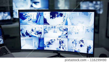 Security, business and computer with split screen, control room and multicam surveillance with software interface. Law, display or pc with video system for cameras, protection and safety with monitor 116299490