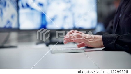 Hands, business and woman with keyboard, typing or internet with employee, financial analyst or economy. Person, accounting or closeup with human, equipment or connection with stock market or trading 116299506