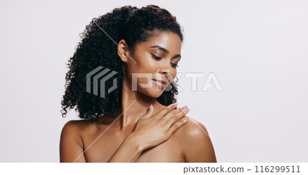 Black woman, natural beauty and skin glow with relax, dermatology and wellness in studio. Cosmetics, facial and smile from skincare and collagen treatment results with white background and mockup 116299511