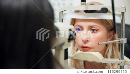 Woman, optometry and slit lamp for check, vision and care in wellness assessment with health at clinic. Doctor, optician and patient by machine, light and laser for retina scan with lens for eye exam Woman, optometry and slit lamp for check, vision and care in wellness assessment with health at clinic. Doctor, optician and patient by machine, light and laser for retina scan with lens for eye exam 116299553